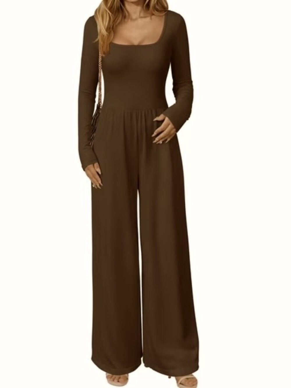NEW OQQ Long Sleeve Square Neck Wide Leg Jumpsuit Dark Brown Size Medium M
